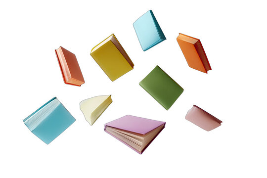 A vibrant, abstract design of various colored books scattered in a dynamic, radiating pattern against a black background