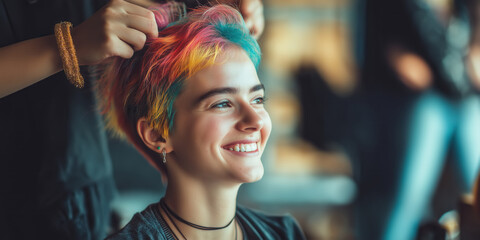 Beautiful young woman getting a haircut at hair salon. Hairstylist doing a rainbow colored hairstyle to a customer at a beauty salon.