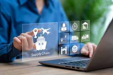 Plakat Supply chain management concept,Businesswomen Logistics and global transport management, Organising and controlling resources. International shipping,Online e-commerce business and Warehouse inventory