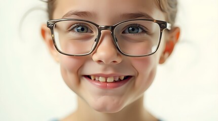 A cheerful young girl with brown hair and glasses smiles brightly, showcasing her playful spirit against a soft background.