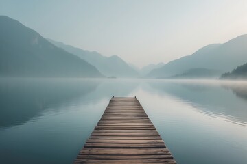 Fototapeta premium Serene wooden dock extending to misty mountains
