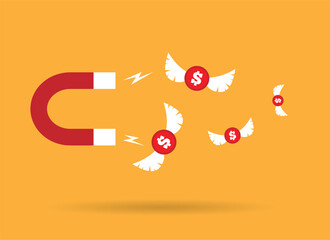 Magnet Attracting Coins with Wings on Colorful Background. Earning money in trading and marketing skills vector art