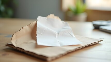 A close-up view of crumpled paper resting on a textured brown paper surface with a blurred background of greenery.