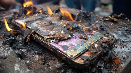 Mobile phone battery exploded and caught fire due to overheating and poor quality. Concept of device failure, battery hazard, fire risk, lithium danger, overheating electronics and safety incident
