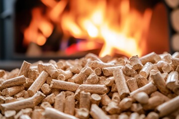 Pile of wood pellets with glowing fire stove