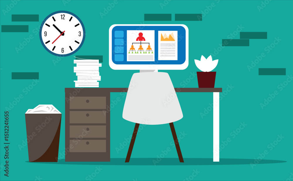 Aufkleber office desktop computer with documents and sales graphs. business, workspace and working from home v
