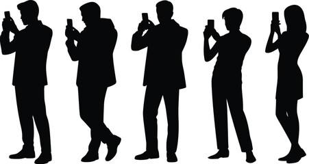 Silhouettes of five people standing and holding up their phones against a white background in a row shot
