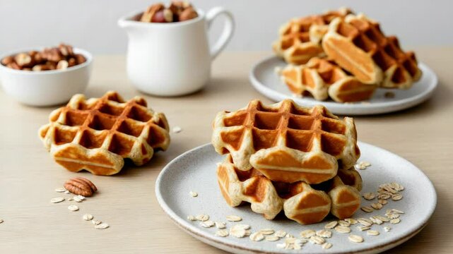 Golden waffles on plates with pecans and oats light wooden table