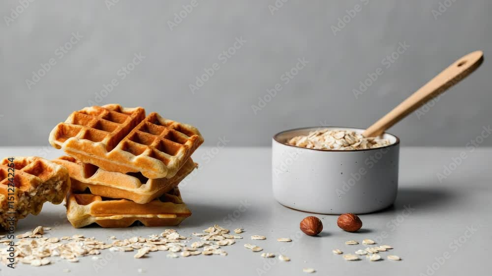Poster stack of waffles with bowl oats and nuts on gray background