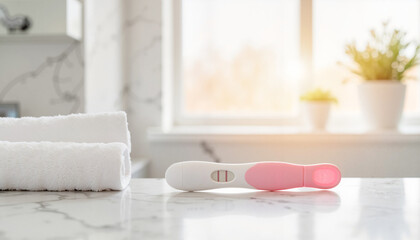 Pregnancy test on bathroom sink with neatly rolled towels and light  