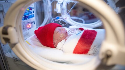 Premature newborn baby girl lying in medical incubator after cesarean birth at 33 weeks gestation in hospital. Concept of neonatal care, early birth, intensive treatment and fragile life support