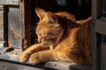Cat grooming on the windowsill