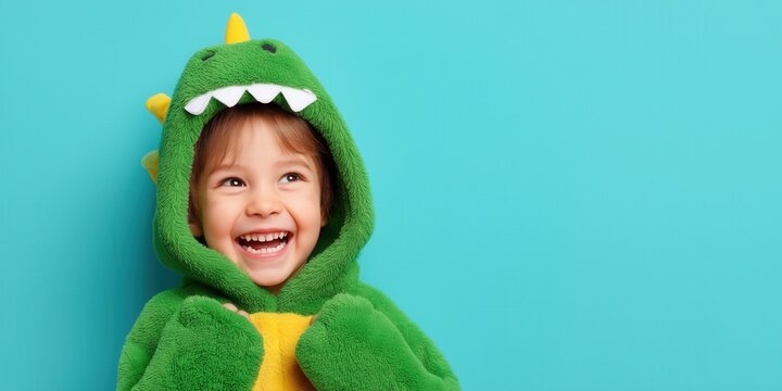 Fototapeta Happy child wearing plush dinosaur costume on solid background.