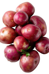 Fototapeta premium Red Potatoes Harvest: A vibrant pile of fresh, red potatoes, glistening with moisture, sits on a surface. Green leaves add a touch of freshness.