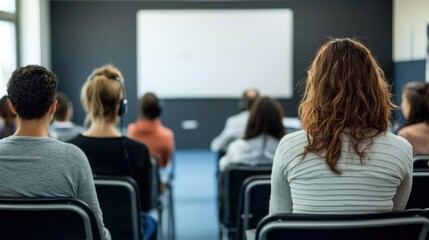 People sitting in a classroom, watching a presentation on a screen.