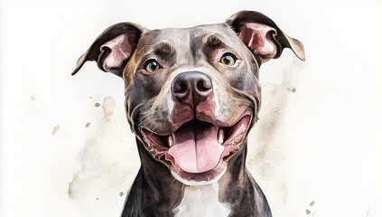Happy dark brown pitbull in watercolor