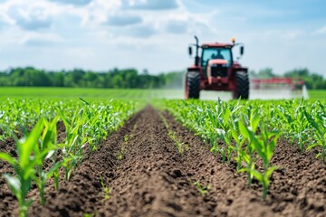 Fototapeta premium Tractor spraying corn field with pesticides