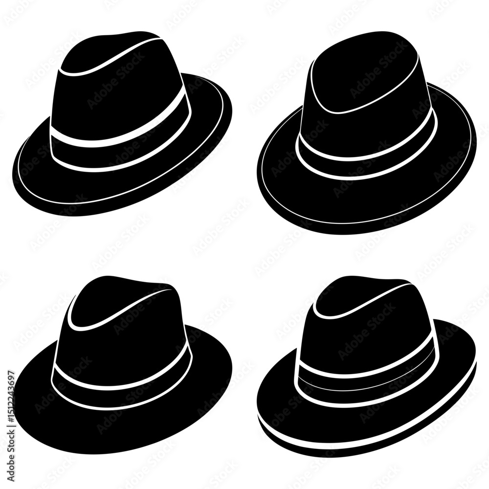 Poster four black fedora hats with white bands arranged in a square pattern on a white background image des