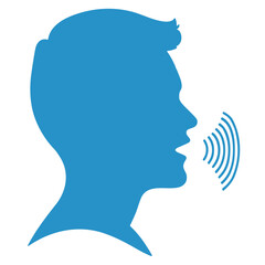 Vector blue silhouette of speaking person head emoji icon with lines demonstrating speech