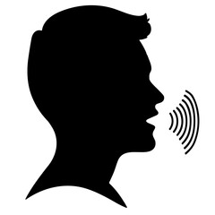 Vector silhouette of speaking person head emoji icon with lines demonstrating speech