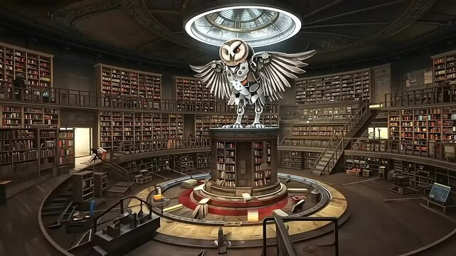 A grand library interior featuring a majestic owl statue amidst towering bookshelves and a spiral staircase