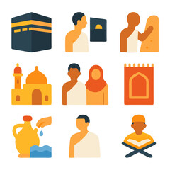 Hajj icons showcasing key Islamic rituals for educational materials, religious websites, cultural events, and social media posts bringing awareness.