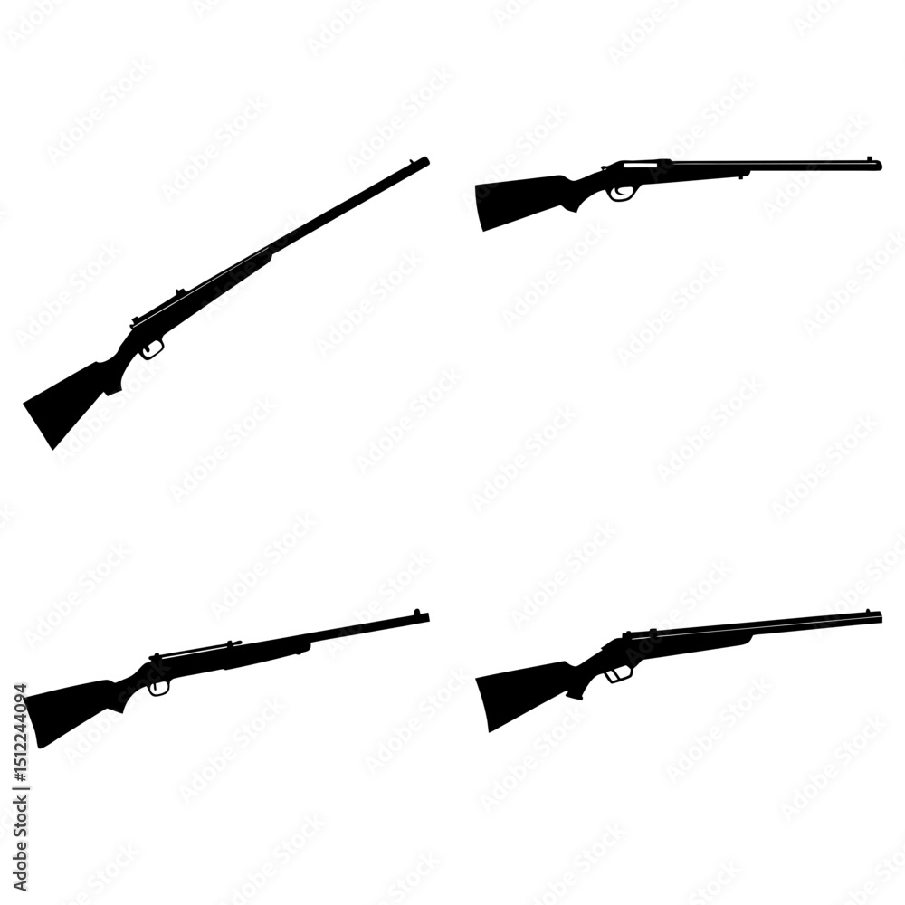 Poster silhouette depictions of rifles in various orientations against a white background display style and