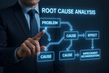 A businessman using finger to root cause analysis diagram to analyze and fix the problem