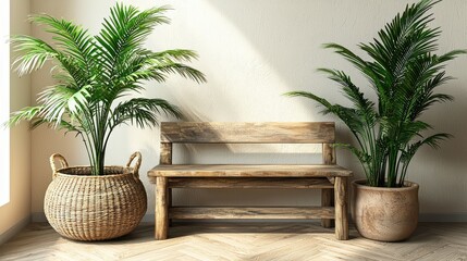 Rustic bench and plants in a sunlit room
