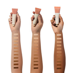 Three models of different skin tones with foundation texture swatches on arm with isolated white...