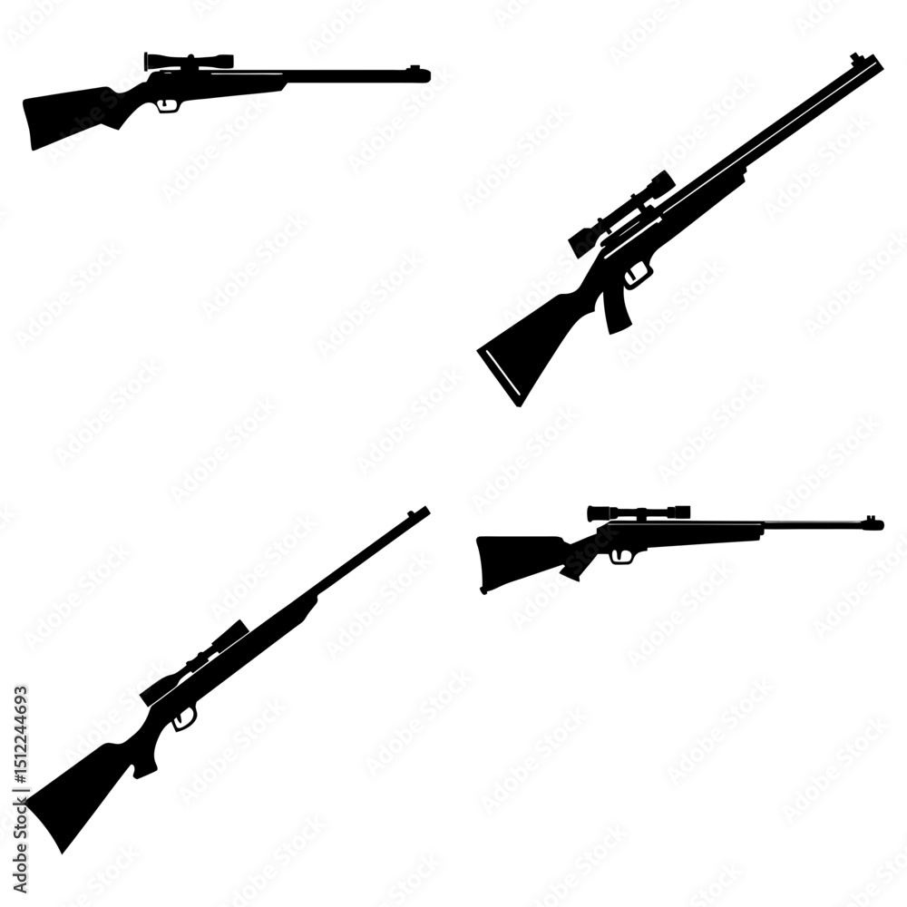 Poster four silhouetted rifles with scopes arranged on a white background in varying orientations and posit