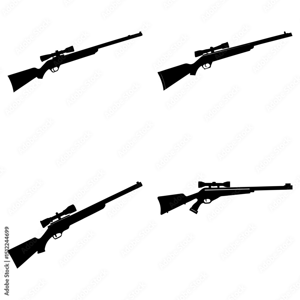 Poster four black silhouette images of rifles with scopes positioned on a white background in a pattern