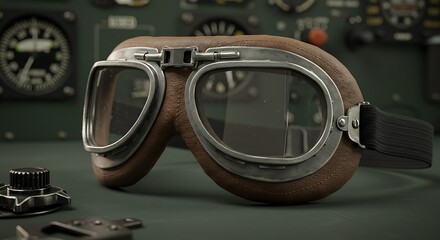 Vintage aviator goggles on a plane dashboard