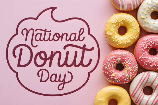 Delicious assortment of colorful donuts celebrating national donut day with sprinkles and frosting displayed on a pink background - Powered by Adobe