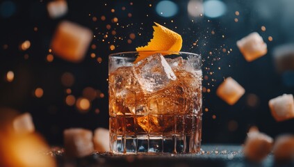 The image depicts the preparation of a classic Old-Fashioned cocktail, featuring whiskey or bourbon being poured into a glass filled with ice and garnished with a strip of orange peel, providing