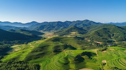 Obraz premium Lush terraced rice paddies nestled in a valley, surrounded by forested mountains under a clear sky