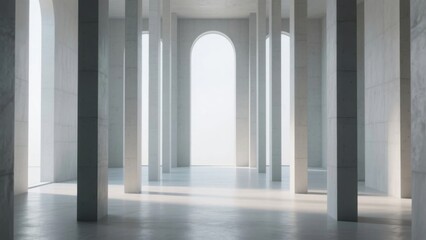 Minimalist concrete hall with towering columns and arched windows, embodying serene symmetry and modern elegance.