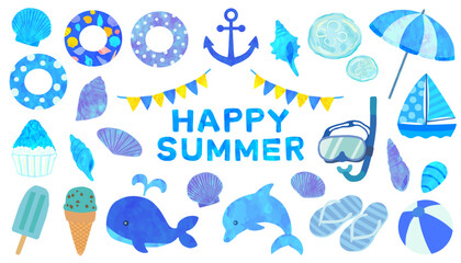 夏の素材セット 青色 ベクター素材