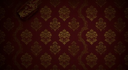 Vintage burgundy wallpaper with ornate gold pattern