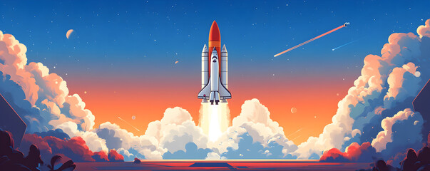 Fototapeta premium Rocket Launching into Space over Clouds