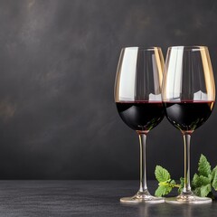 National Wine Day wine glass elegance celebrating Two elegant wine glasses filled with red wine, set against a dark background with mint leaves.