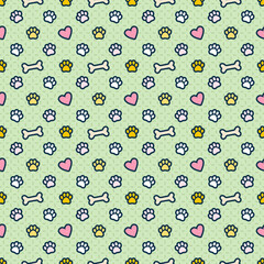 cheerful seamless vector pattern, colorful pet-themed symbols paws, bones, hearts. Ideal for pet products, wrapping paper, textiles, or digital backgrounds with a fun and loving vibe, pet care concept