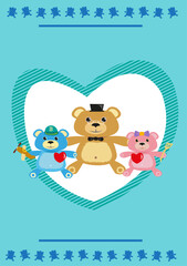 Bear Father with Bear Kids having red hearts. EPS10 Vector. Editable Clip Art.