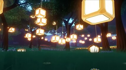Enchanted Forest Night: Illuminated Meadow with Glowing Lanterns - Powered by Adobe