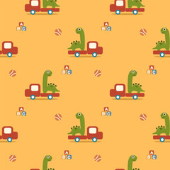 Truck toy dinosaur cartoon so cute. On ball yellow background. Pattern seamless vector illustration. 