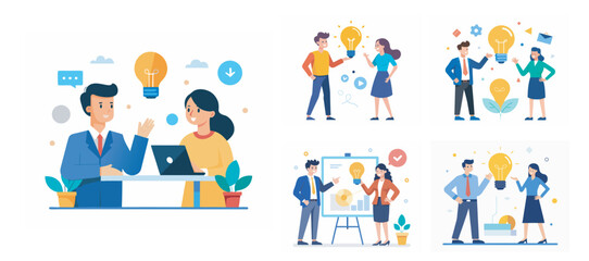 Fototapeta premium Illustration of two people sharing ideas. Teamwork and idea sharing concept. Flat style design