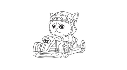 Outline Cute Cartoon Kitten Driving Go Kart Racing Sport Illustration