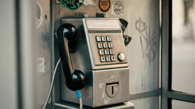 Vintage payphone booth with various stickers and graffiti