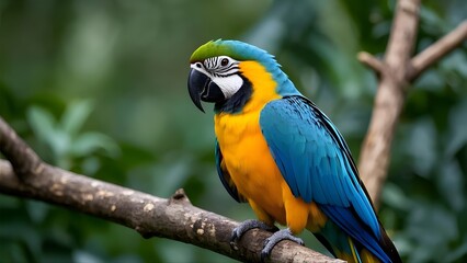 Obraz premium a blue and yellow macaw perched on a tree