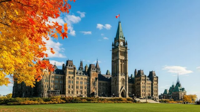Canadian parliament building framed by autumn leaves under blue sky